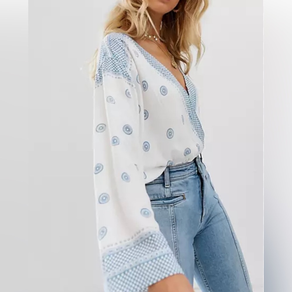 Free People White and Blue Bodysuit